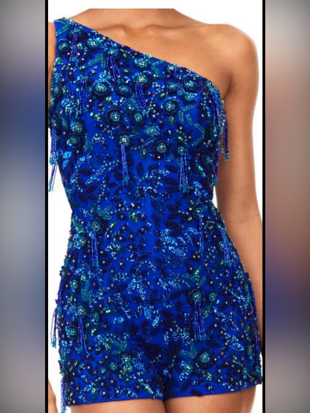 One-Shoulder Royal Blue Sequin Romper with Draped Cape - Picture 3 of 10